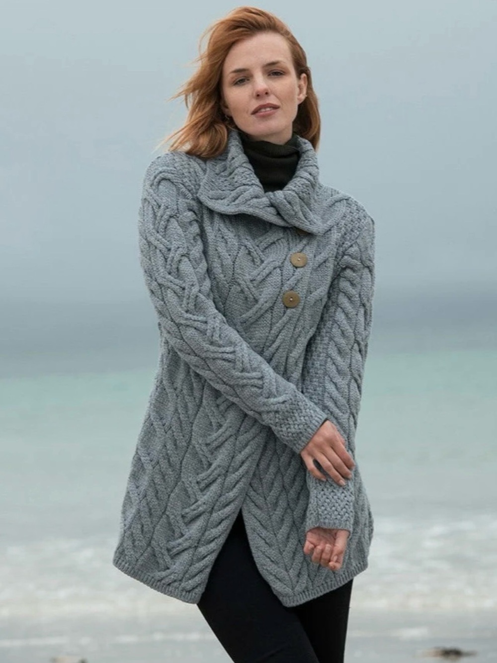 Aran Irish soft Merino Wool Asymmetrical Cable Knit gray Cardigan Coat - size M